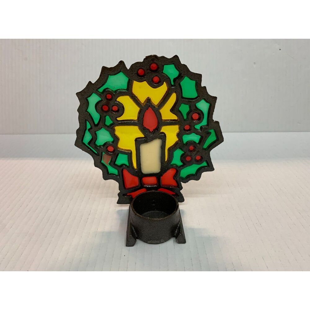Vtg Christmas cast iron stained glass votive candle holder wreath Tiffany Style - Picture 6 of 8